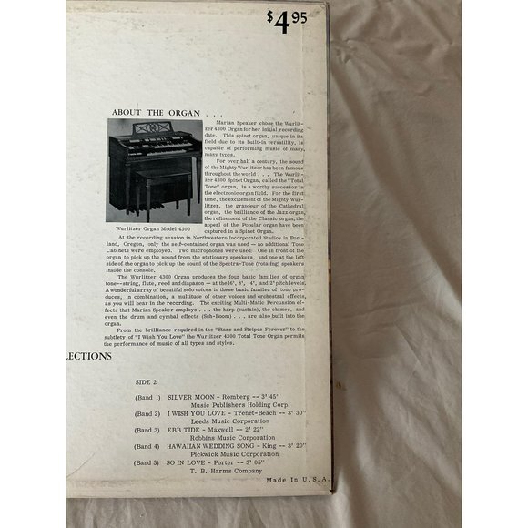 Marian Speaker: Wurlitzer Organ Stylings Vintage Vinyl Record - Picture 4 of 11